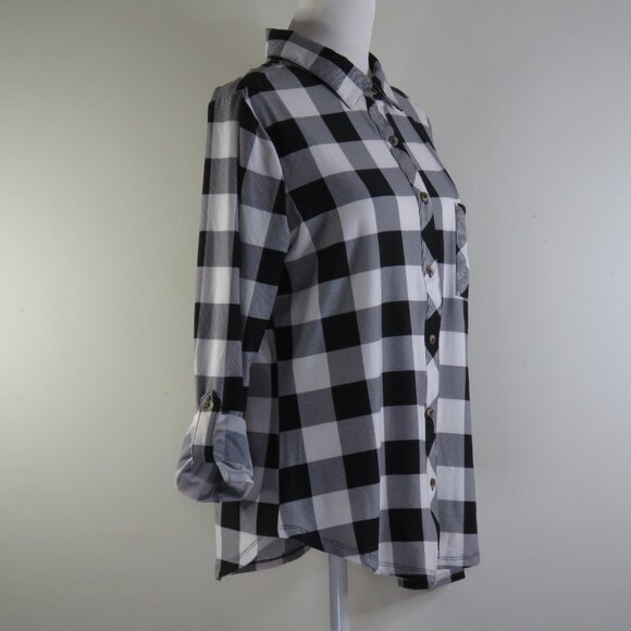 NWT No Comment Black & White Checkered Adjustable-Sleeves Button-Up Top Size L - Picture 4 of 9